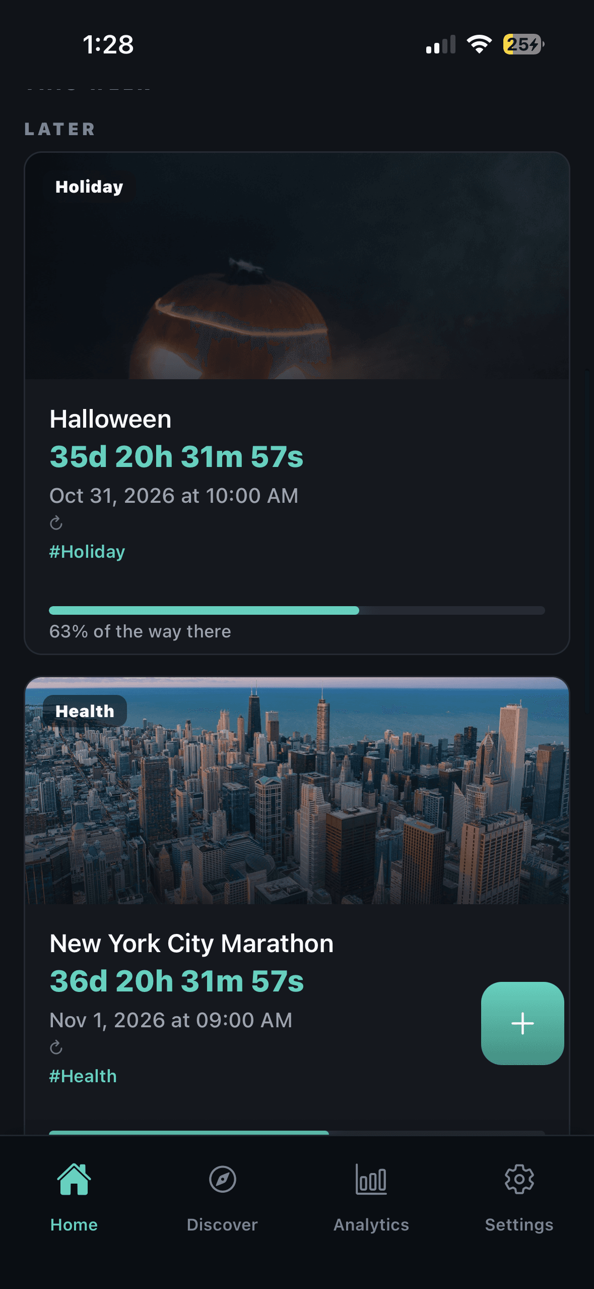 Updated Chrono mobile app home screen with Halloween and marathon countdowns