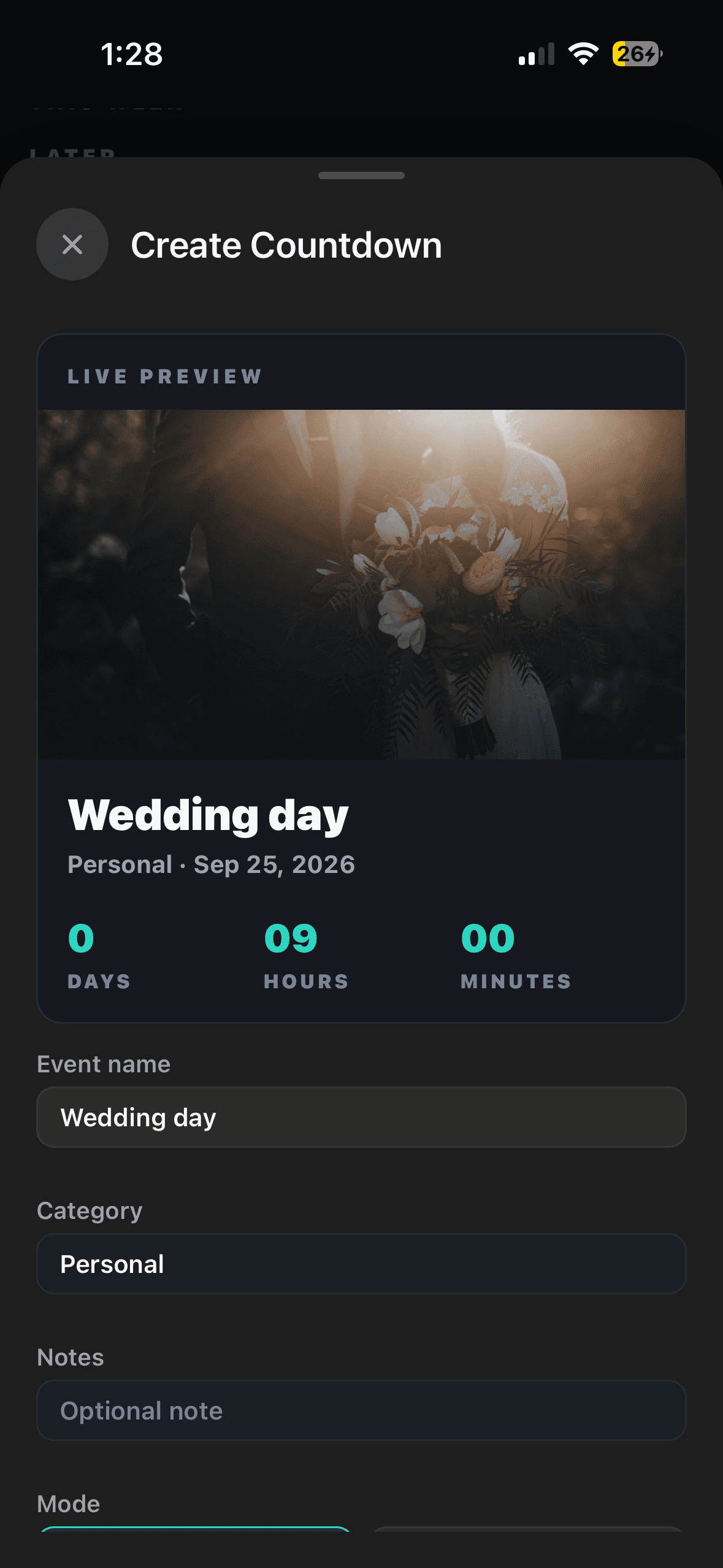 Create Countdown screen in the updated Chrono mobile app